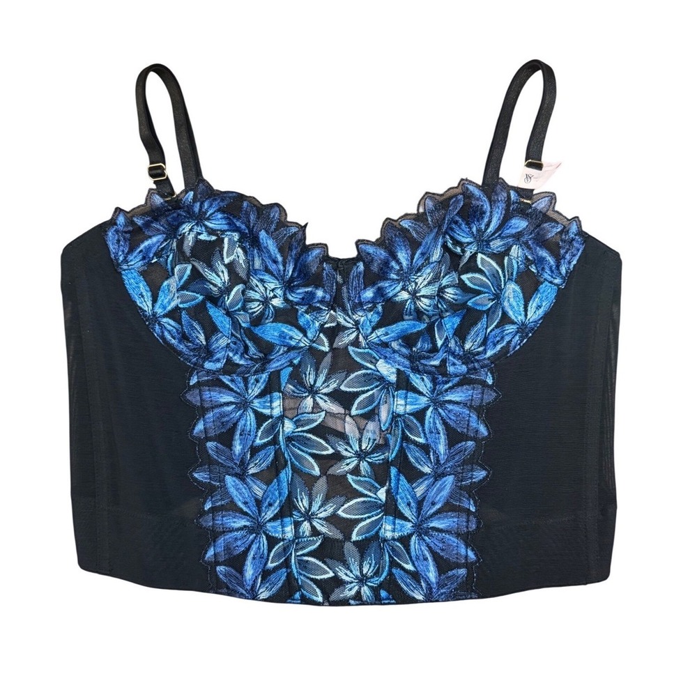 Victorias Secret Floral Embroidered Mesh Bustier Corset Top Black Blue 32D NWT
